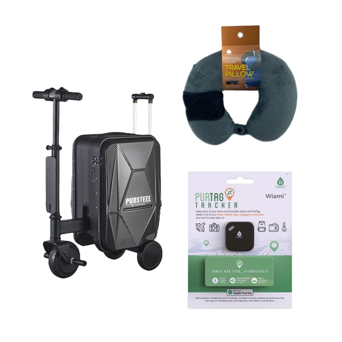 Smart Tech & Comfort Travel Bundle: Electric Luggage, Tracker & Pillow